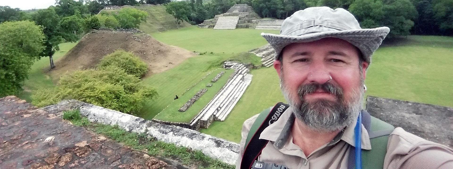 Douglas Hume on the Temple of the Masonry Altars, Altun Ha, Belize, 2018 Douglas Hume on the Temple of the Masonry Altars, Altun Ha, Belize, 2018